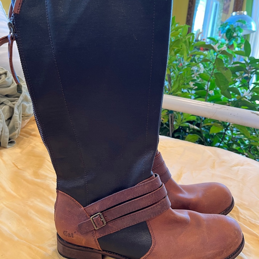 Cat Black Brown Leather Boots tall Caterpillar zip dress work size  10 41 nice